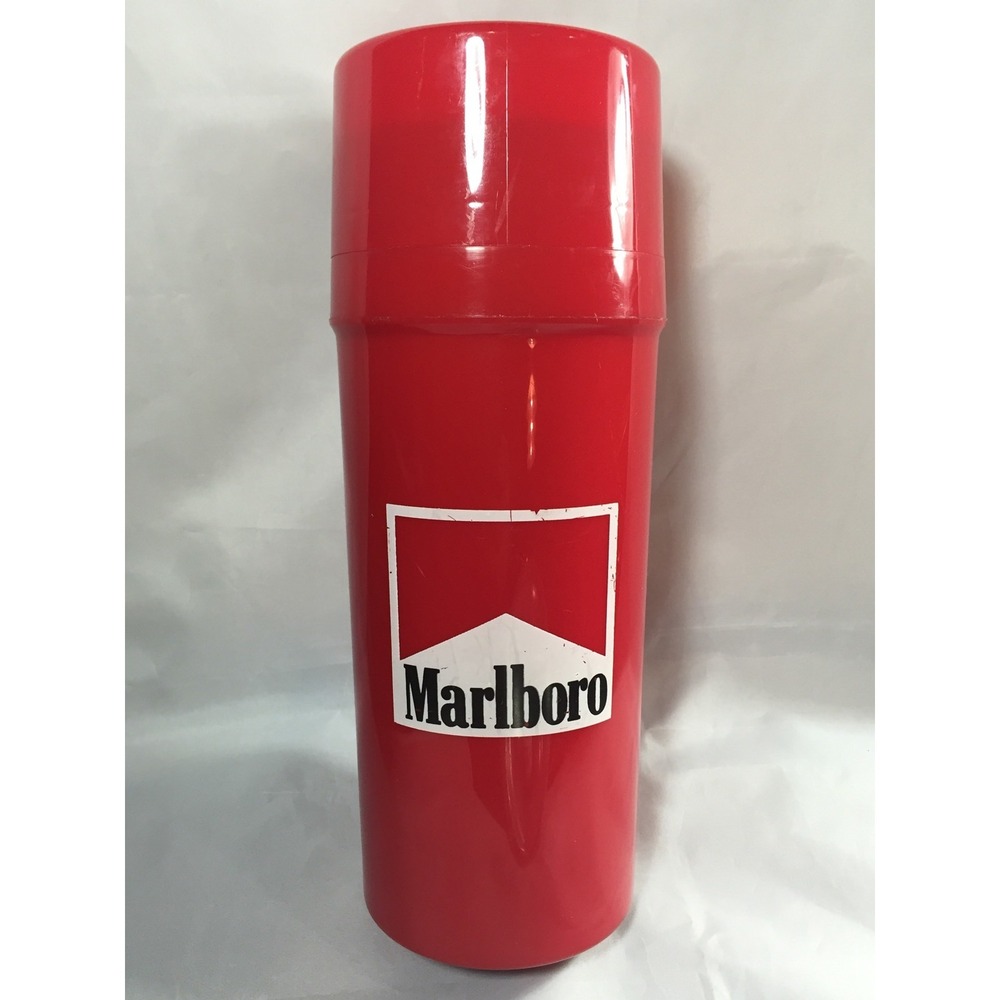 Vintage Marlboro Aladdin Red Plastic Insulated Thermos Beverage Bottle Cup Lid